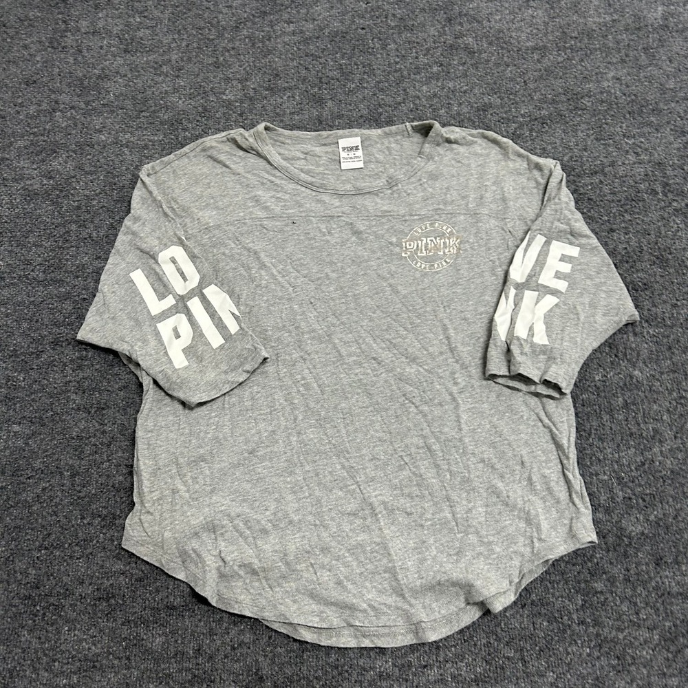 PINK T-Shirt Womens Size M Gray Cotton Graphic Long Sleeve Relaxed Fit Lounge